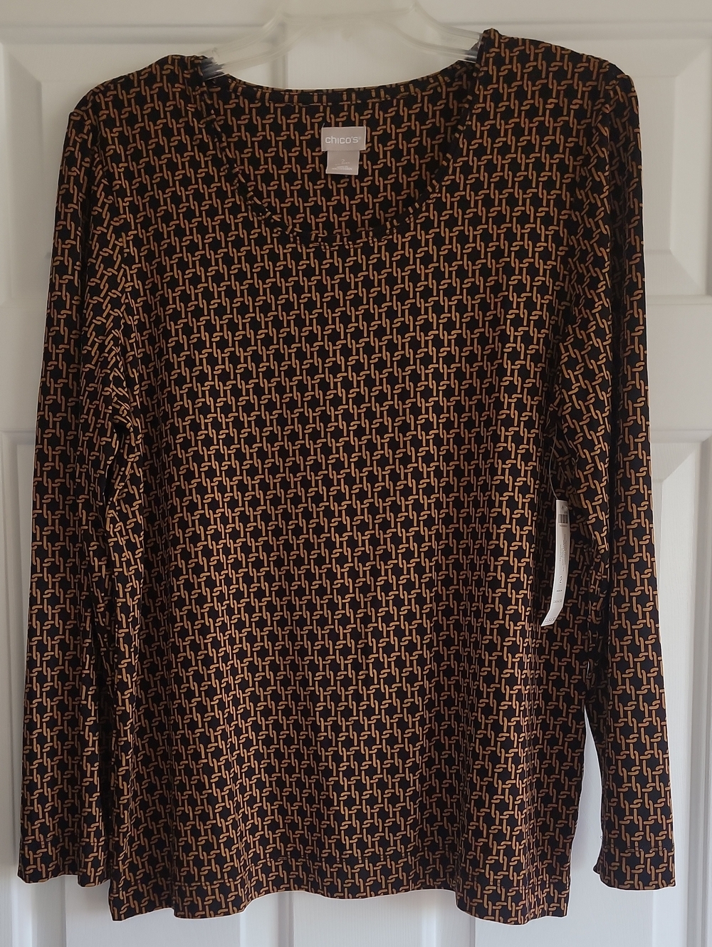 Chico's Black & Tan Geometric Scoop- Neck Long-Sleeve Tee,NWT,  L